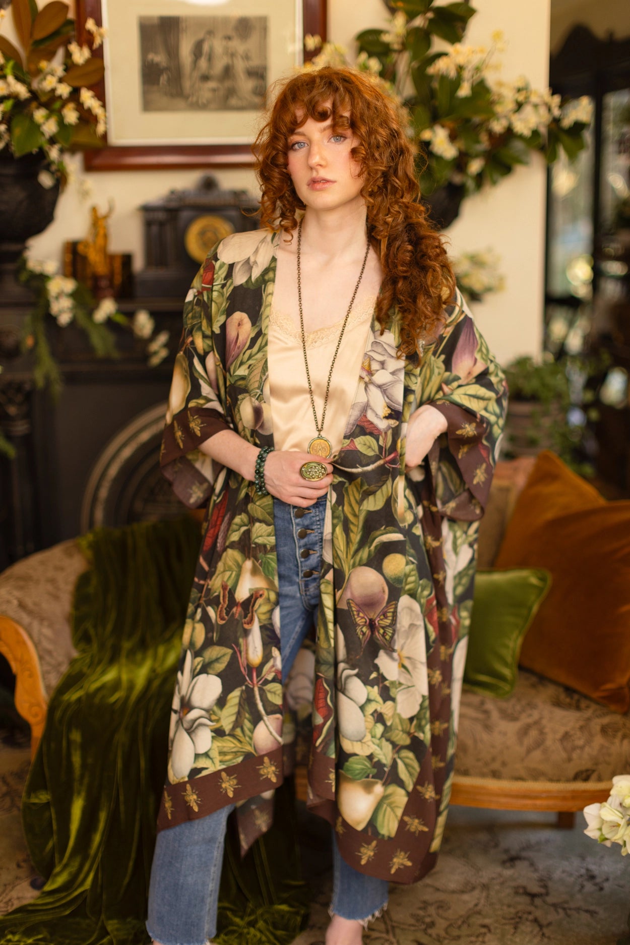Fleur De Lune Goddess Starduster Kimono w/ Florals & Bees- Pre-Order - Ships In September