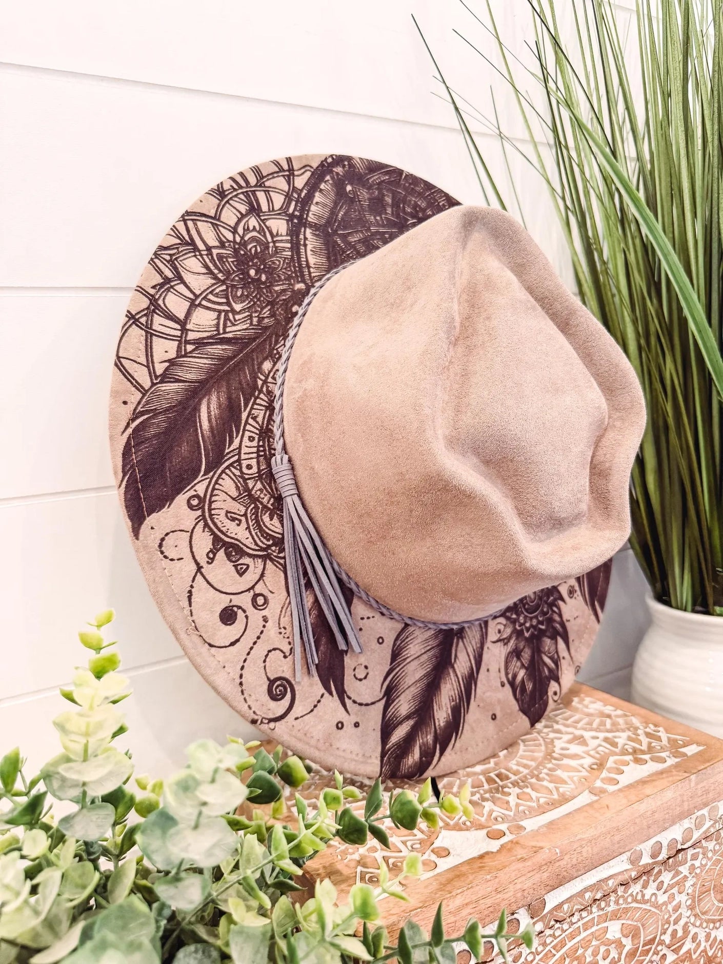 Dreamcatcher Engraved Hat, Floral Engraved Cowboy Hat, Burned Fedora, Engraved Suede Hat, Boho Hat, Vegan Suede Cowboy Hat, Women's Cowboy Hat