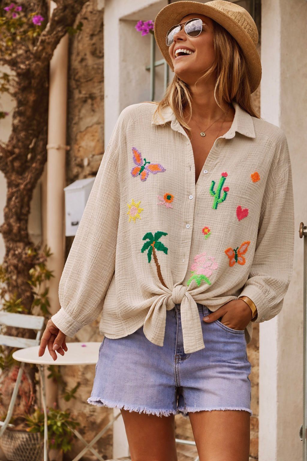 Sand Tropical Oversized Gauze Cotton Shirt