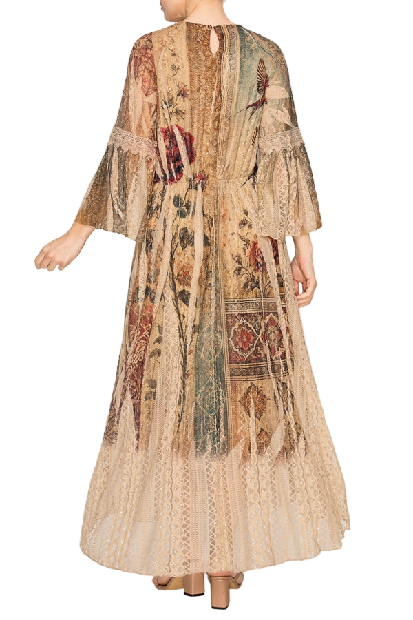 Vintage Bird Romantic Lace Bell-Sleeved A-Line Midi Dress - Ships Late September
