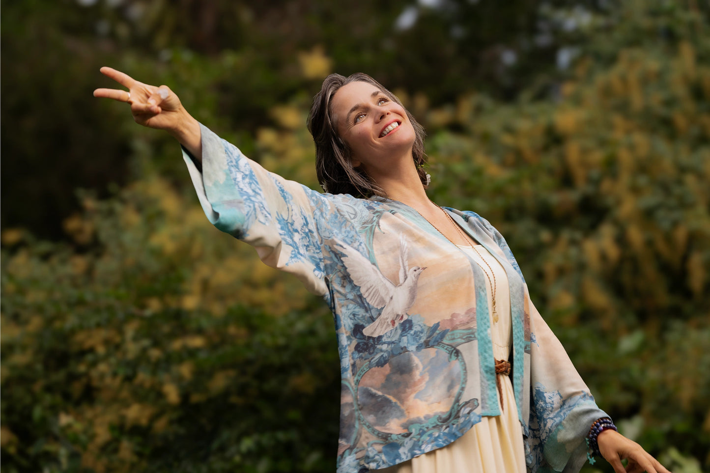 Peace Out Cropped Kimono Pixie Duster with Doves and Sunrise - Preorder - Ships in April