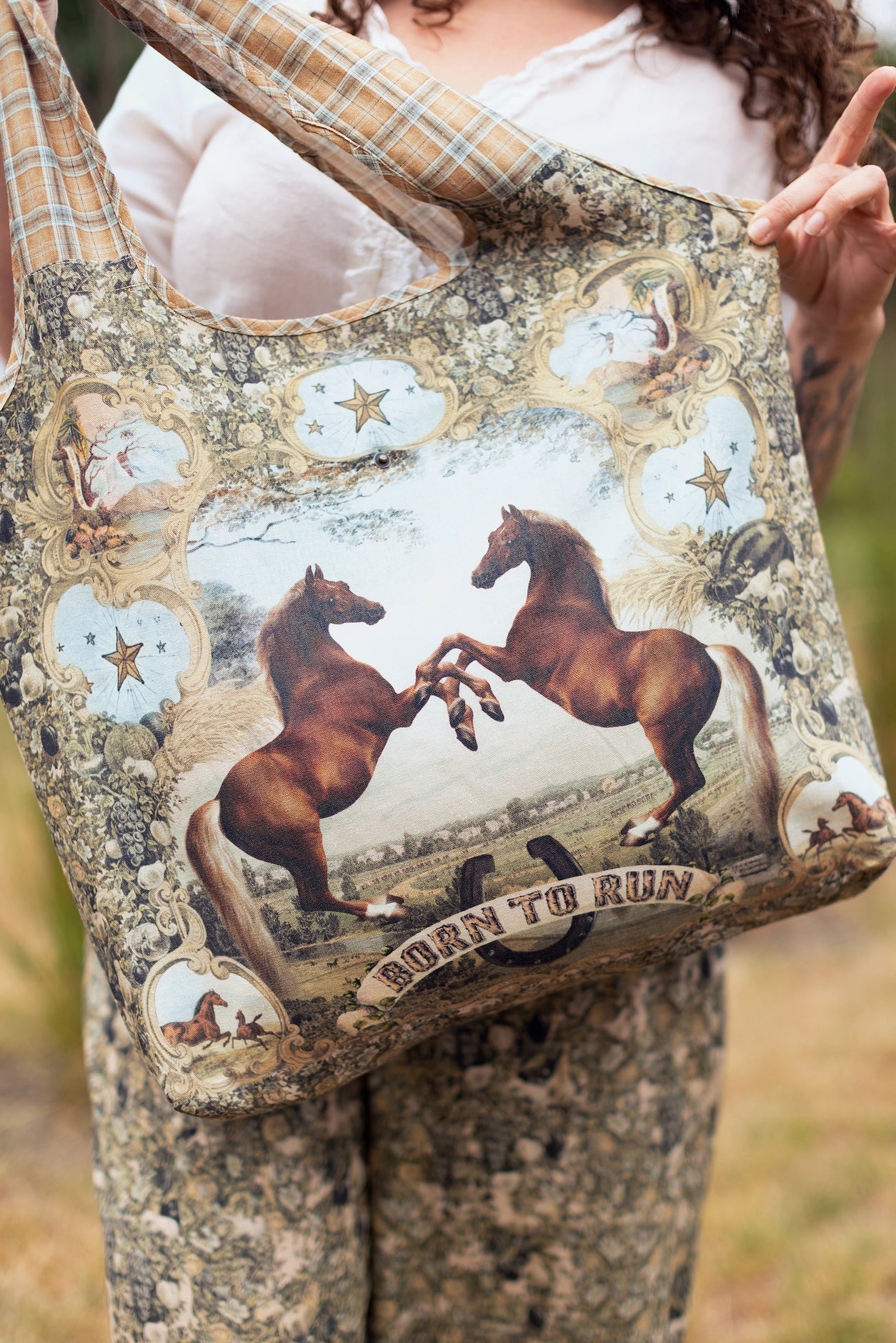 Born To Run Boho Linen Tote Bag Wild Horse & Floral Print - ONLY 2 LEFT!!!!!