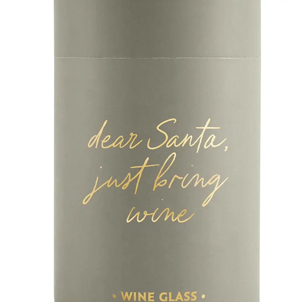 Gray matte gift tube with dear Santa just bring wine gold foil script and Wine Glass label on white background – Bliss by Cori
