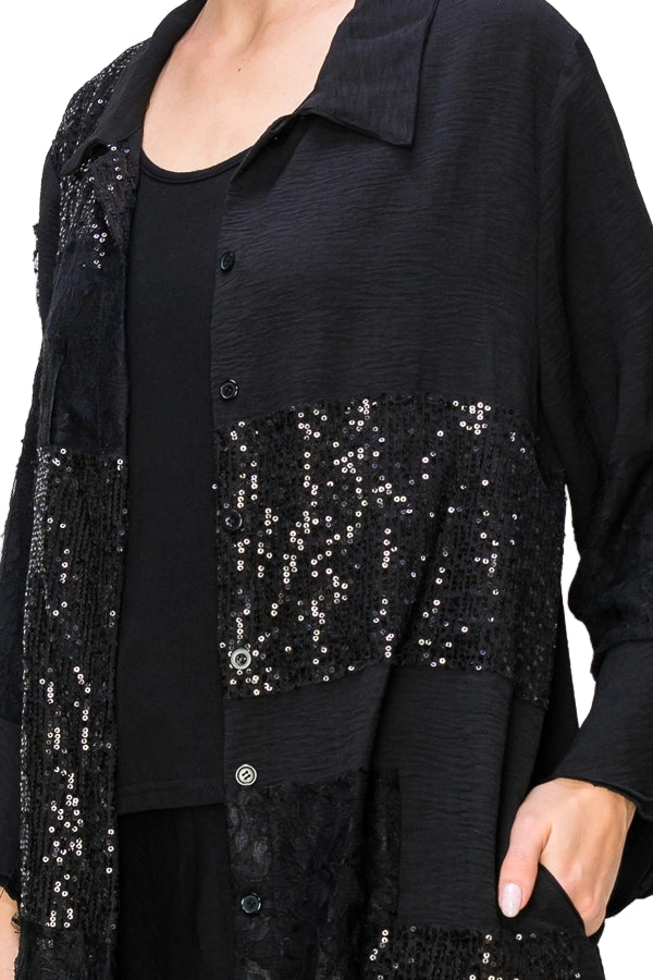 Lightweight Sequin and Lace Detailed Button Up Blouse - Ships Late September