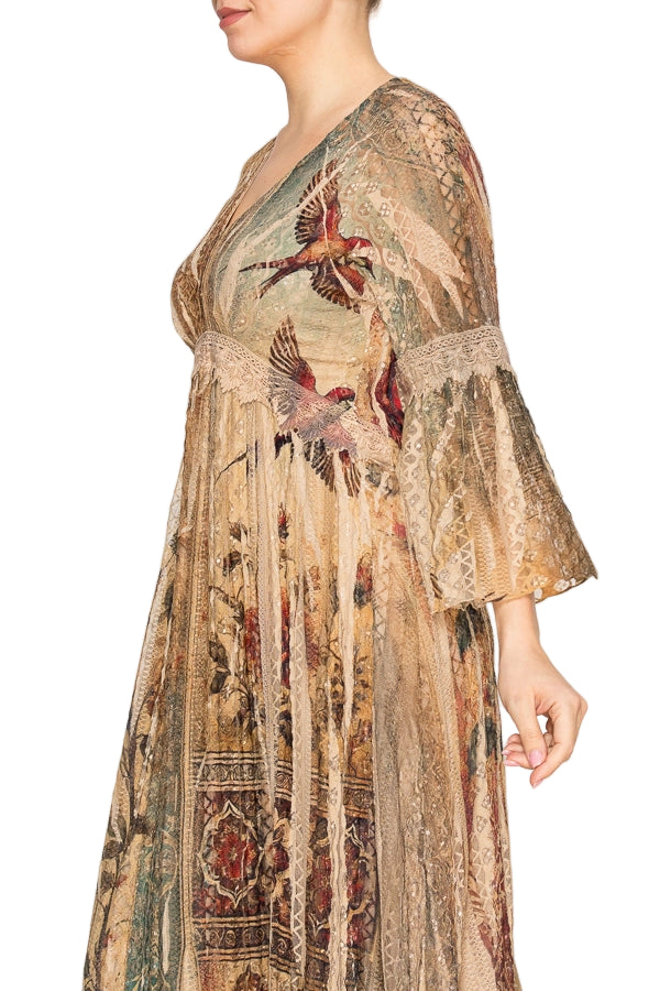 Vintage Bird Romantic Lace Bell-Sleeved A-Line Midi Dress - Ships Late September