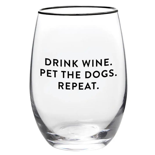 Clear stemless wine glass with black rim and bold black Drink Wine Pet the Dogs Repeat text on white background – Bliss by Cori