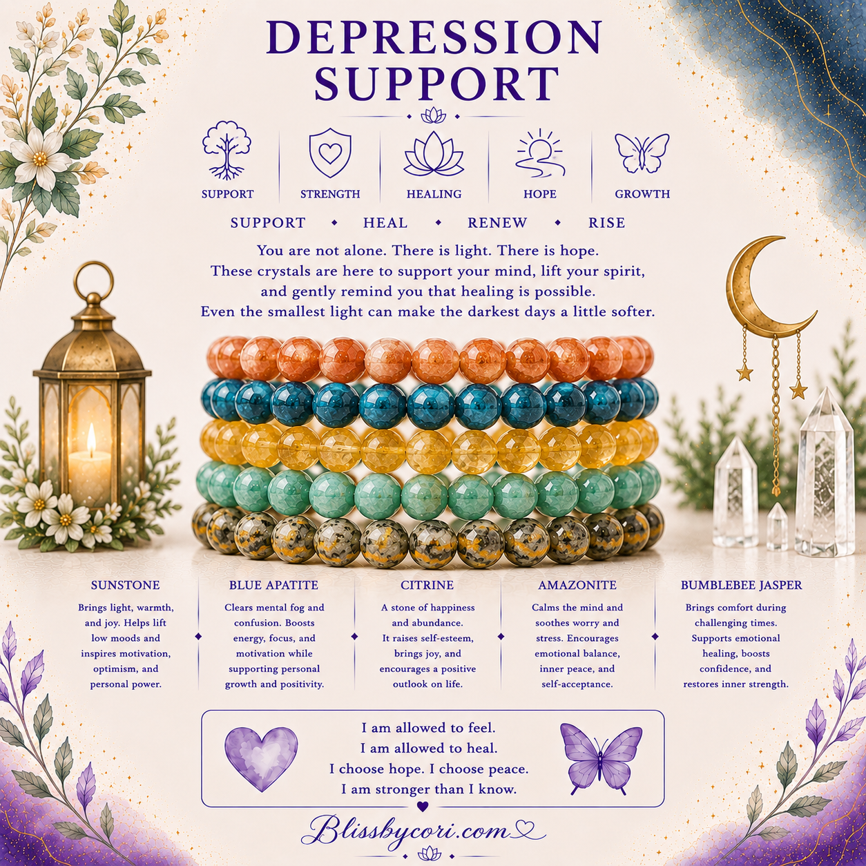 Support & Empowerment For Depression Gemstone Bracelet Stack