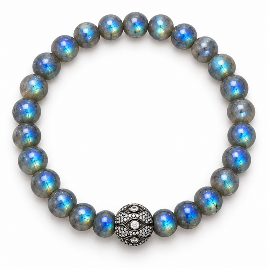 Labradorite beaded bracelet with blue-green flashes and an ornate dark-toned Polki Diamond focal bead on white | Bliss by Cori