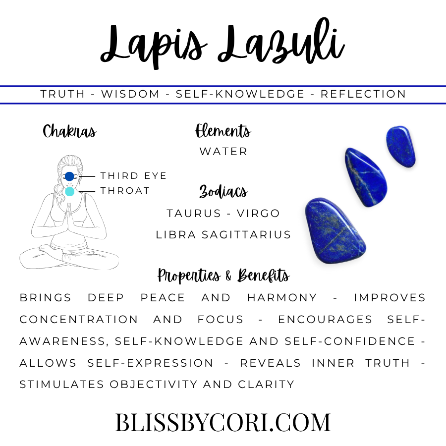 Lapis Lazuli crystal properties infographic — Wisdom, Truth, Intuition — Third Eye & Throat Chakra, Water element, Sagittarius & Libra zodiacs | BlissByCori.com