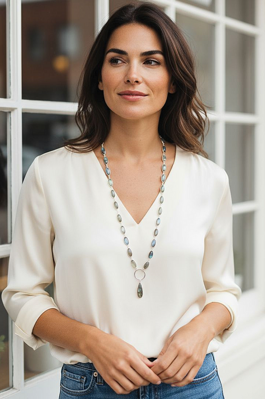 Flashy Blue Labradorite Bezel Teardrop Necklace