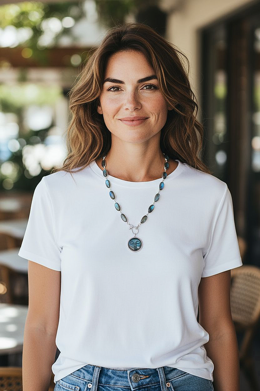 Flashy Blue Labradorite & Sterling Silver Carved Moon Face Necklace & Matching Bracelet Set