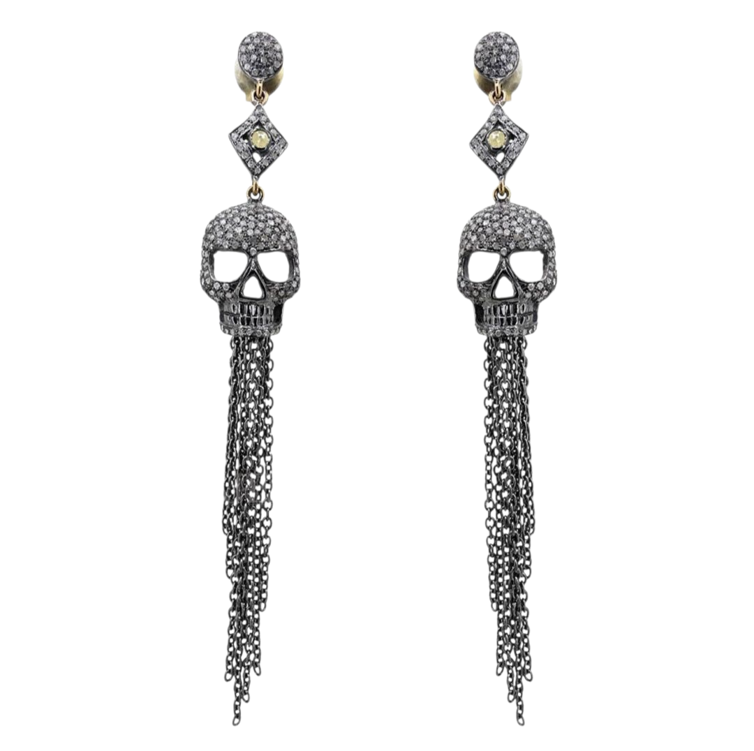 Sterling Silver & 14Kt Gold Shape Pave Diamond Skull Earrings - LAST SET LEFT!