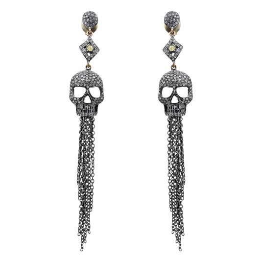 Sterling Silver & 14Kt Gold Shape Pave Diamond Skull Earrings - LAST SET LEFT!