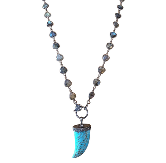 Flashy Blue Labradorite And Turquoise Diamond Horn Necklace