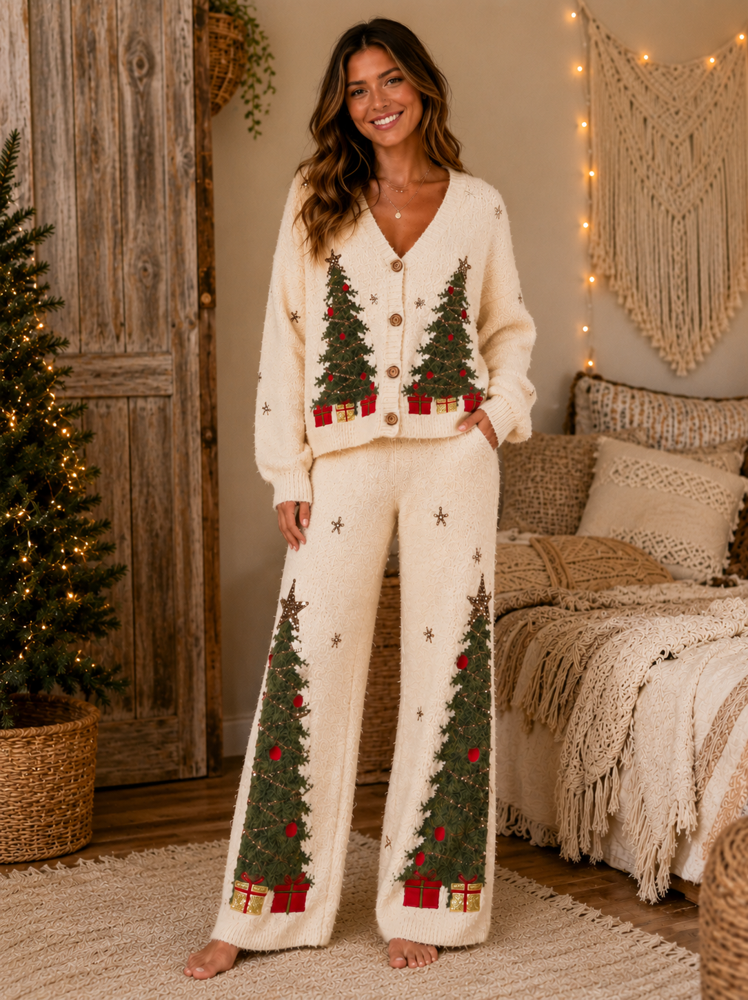 Christmas Tree Embroidered Soft Cardigan Lounge Set