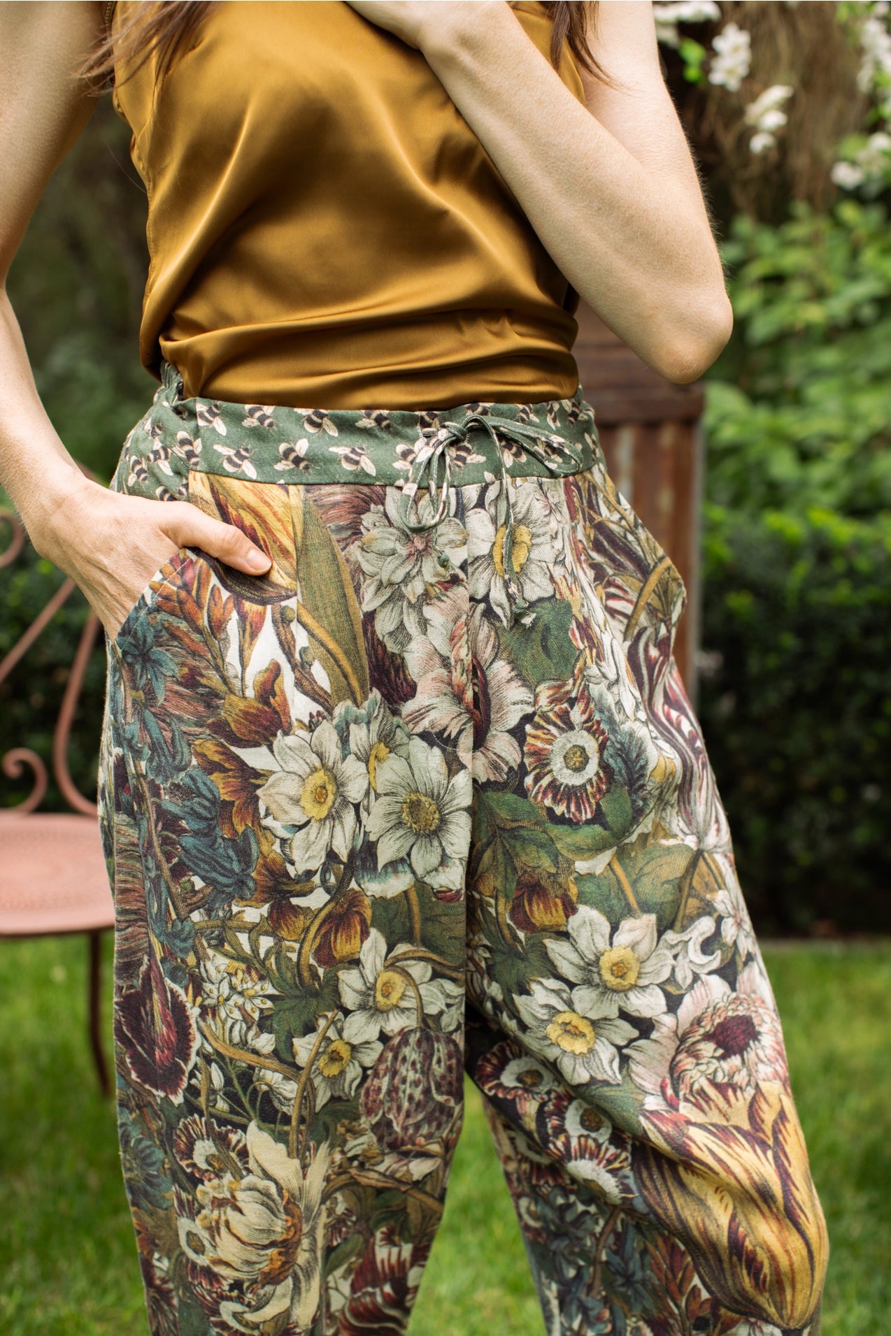 Love Grows Wild Boho Linen Bee Print Cropped Artist Pants Pre-Order Ship Aug 30th
