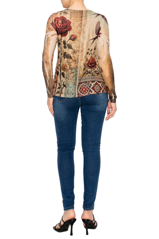 Vintage Bird Sheer Floral Lace Mesh Long Sleeve Top - Ships Late September