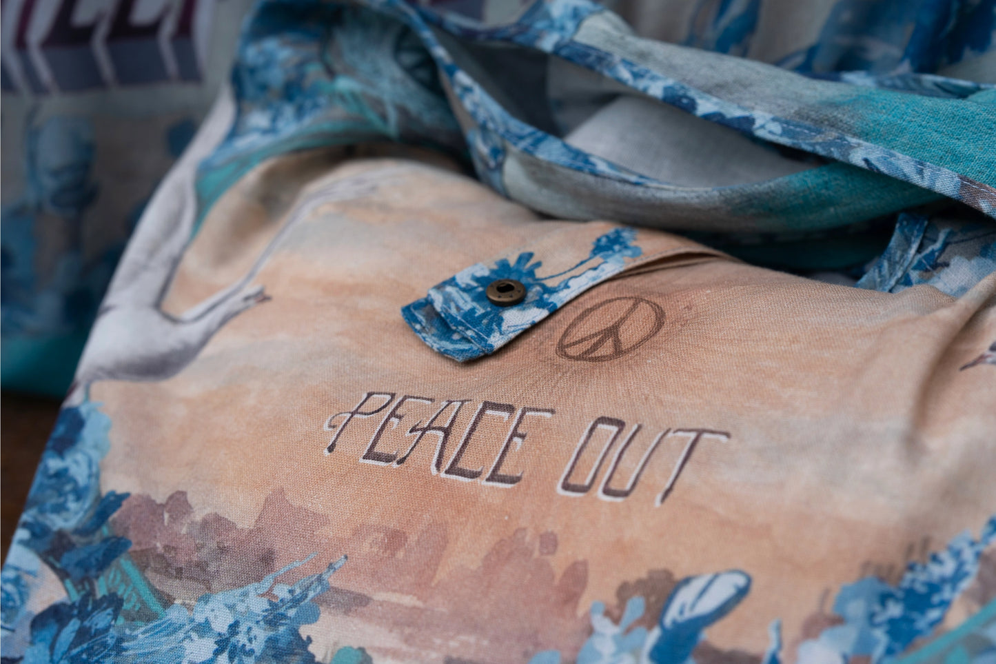 Peace Out Turquoise Linen Tote Bag with Doves and Sunrise - Preorder - Ships in April