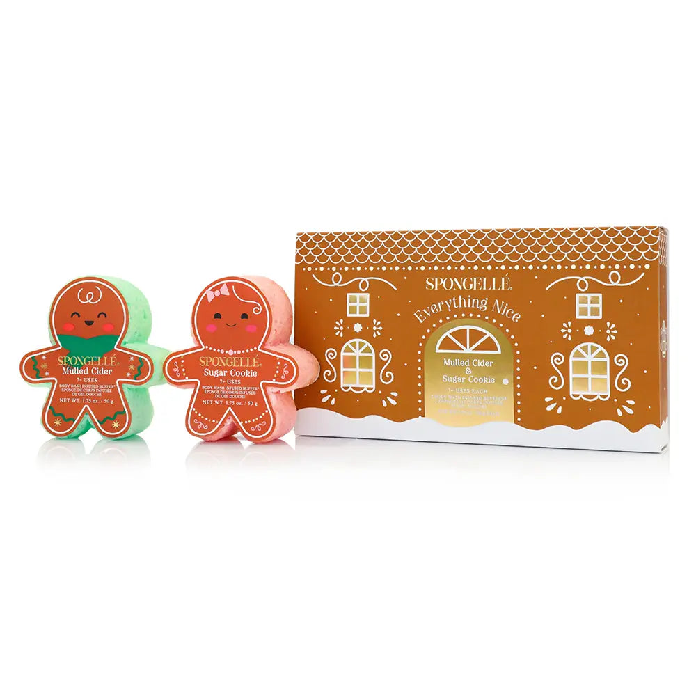Spongellé Everything Nice Mulled Cider and Sugar Cookie gingerbread body buffers displayed beside their orange gift box on white background — Bliss by Cori Boutique