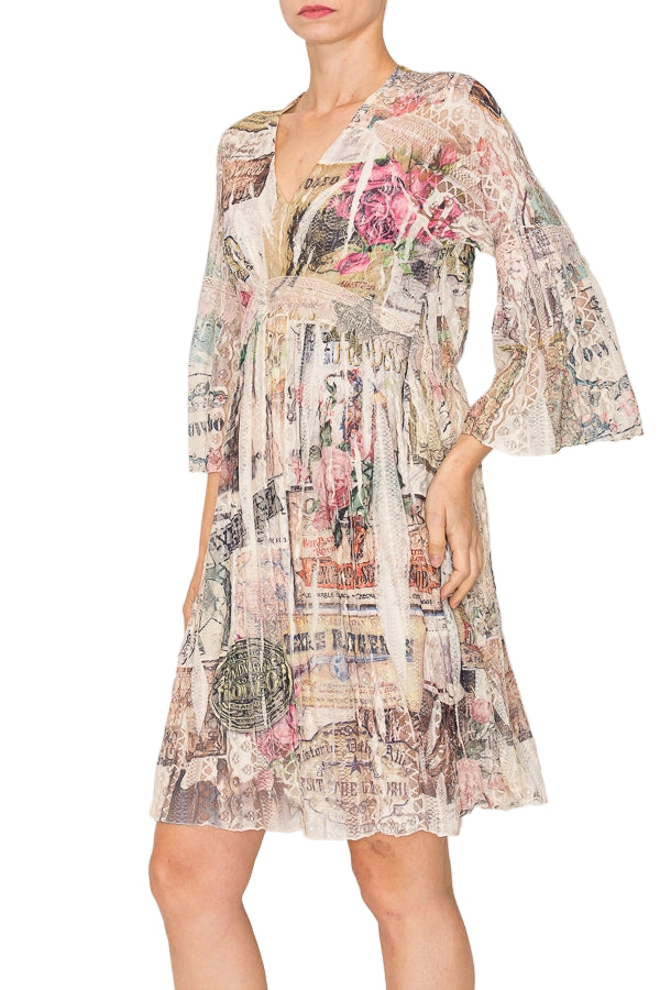 Rose West Dreamy Lined Short Lace Dress with Bell Sleeves - Ships Late September