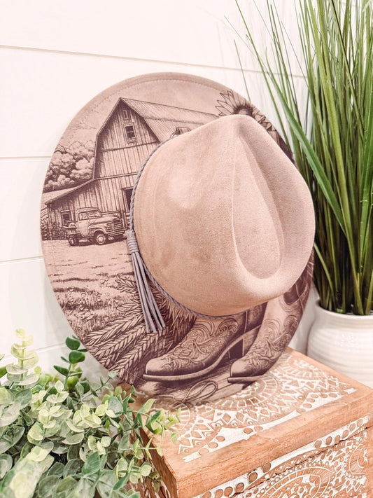 Boots & Barn Engraved Cowboy Hat, Floral Engraved Cowboy Hat, Burned Fedora, Engraved Suede Hat, Boho Hat, Vegan Suede Cowboy Hat, Women's Cowboy Hat