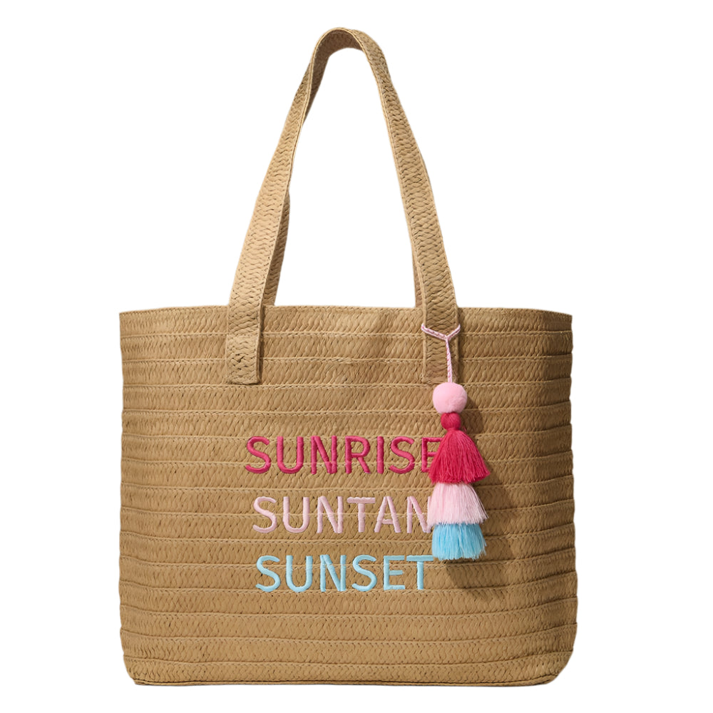 Raffia Sunrise Suntan Sunset Message Embroidered Summer Tote