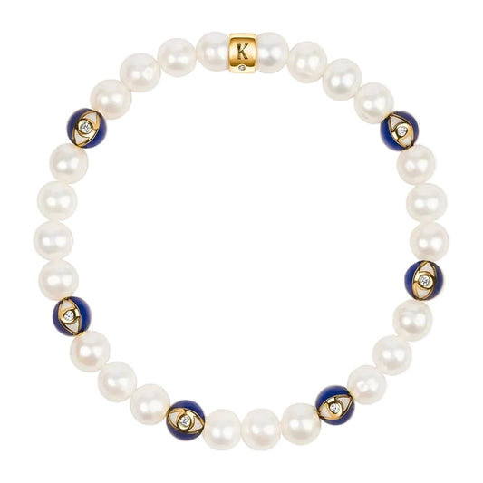 Karma and Luck Blessed Life Evil Eye Pearl Stretch Bracelet — freshwater pearl beads with navy blue evil eye charm beads and gold Karma and Luck signature clasp | Bliss by Cori