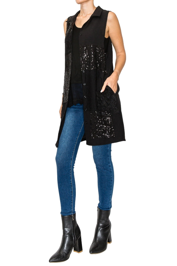 Sparkly Button Up Tunic Vest with Lace & Sequin Details - Ships Late September
