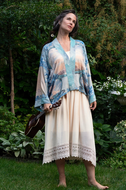 Peace Out Cropped Kimono Pixie Duster with Doves and Sunrise - Preorder - Ships in April