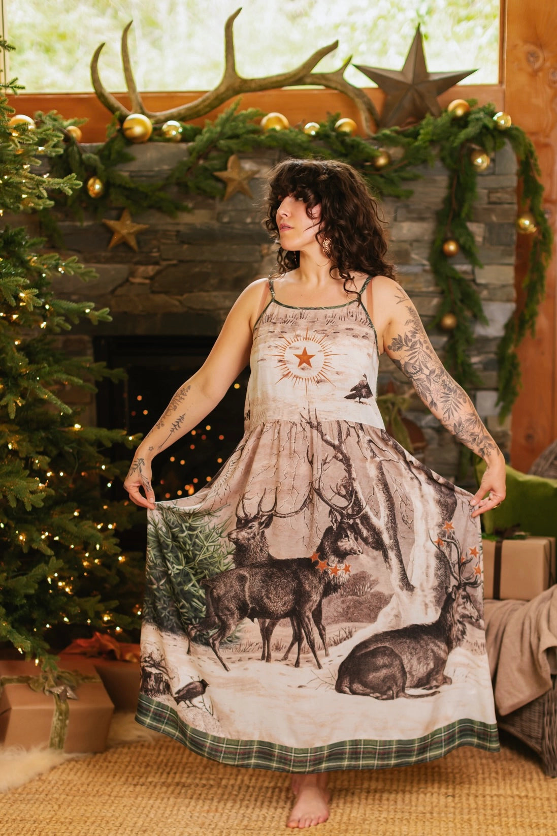 Winter Wish Bohéme Long Maxi Slip Dress w/ Christmas Deer - Pre-Order - Ships September 2025