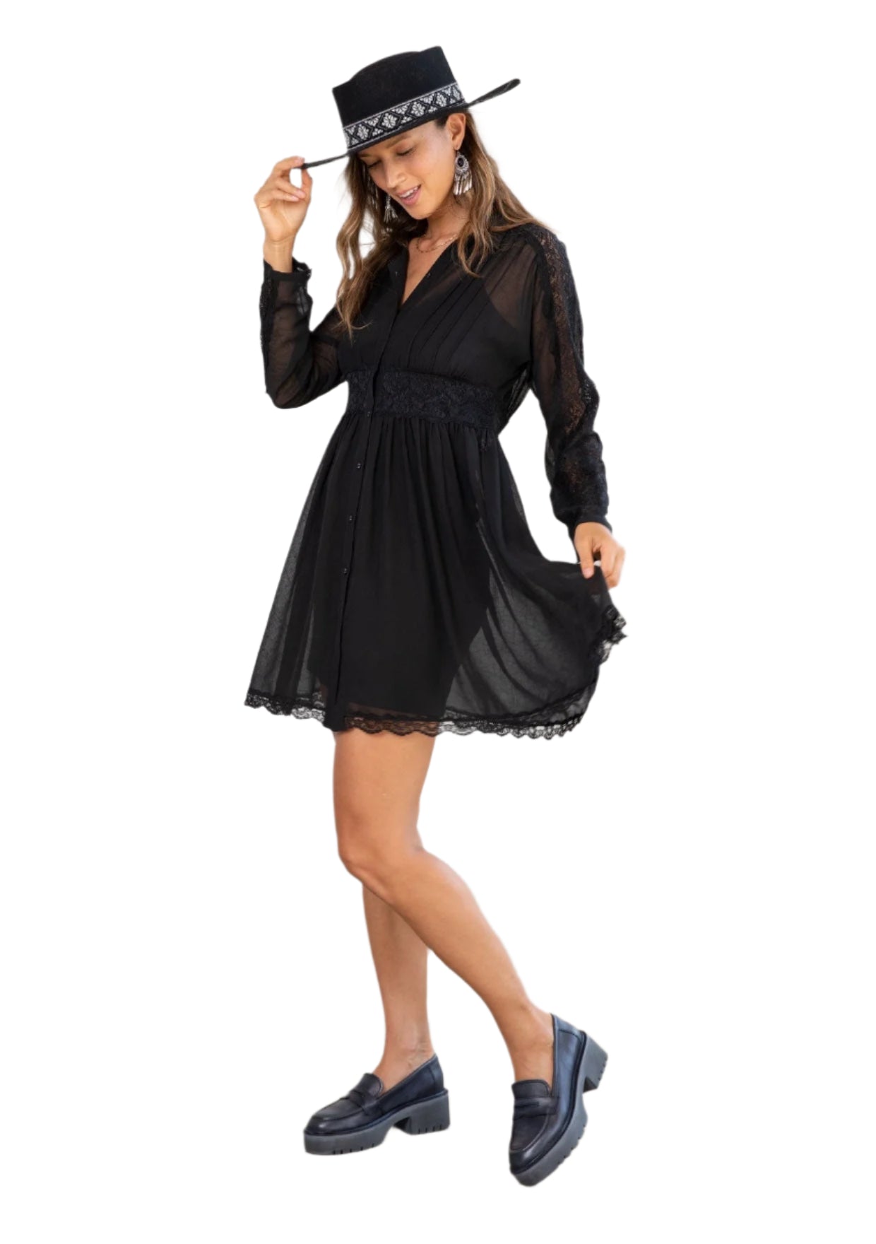 Bohemian Lace Detail Long Sleeve Collared Dress