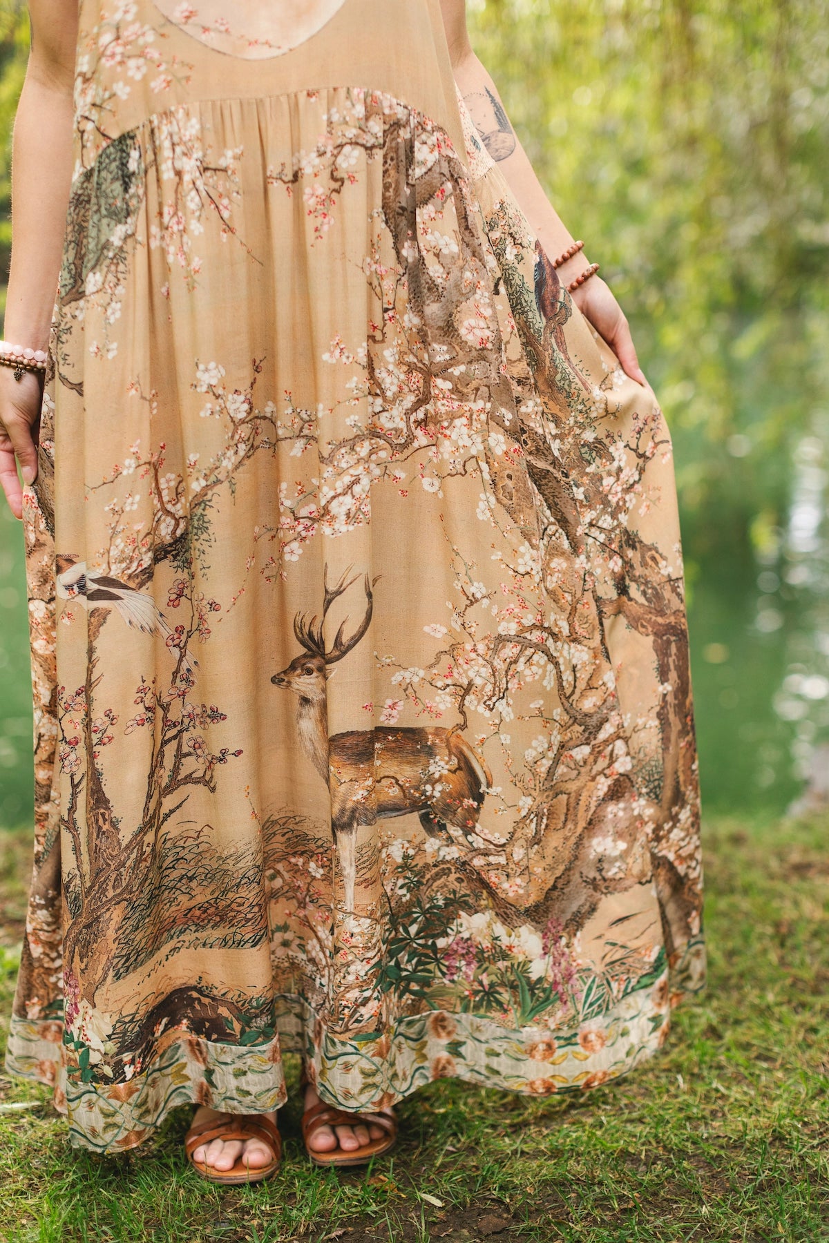 Fable Bohéme Long Maxi Slip Dress With Blossoms, Deer & Moon