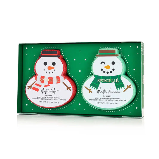 Spongellé Let It Snow gift set open box with Arctic Lily and Winter Jasmine snowman buffers on white background — Bliss by Cori Boutique