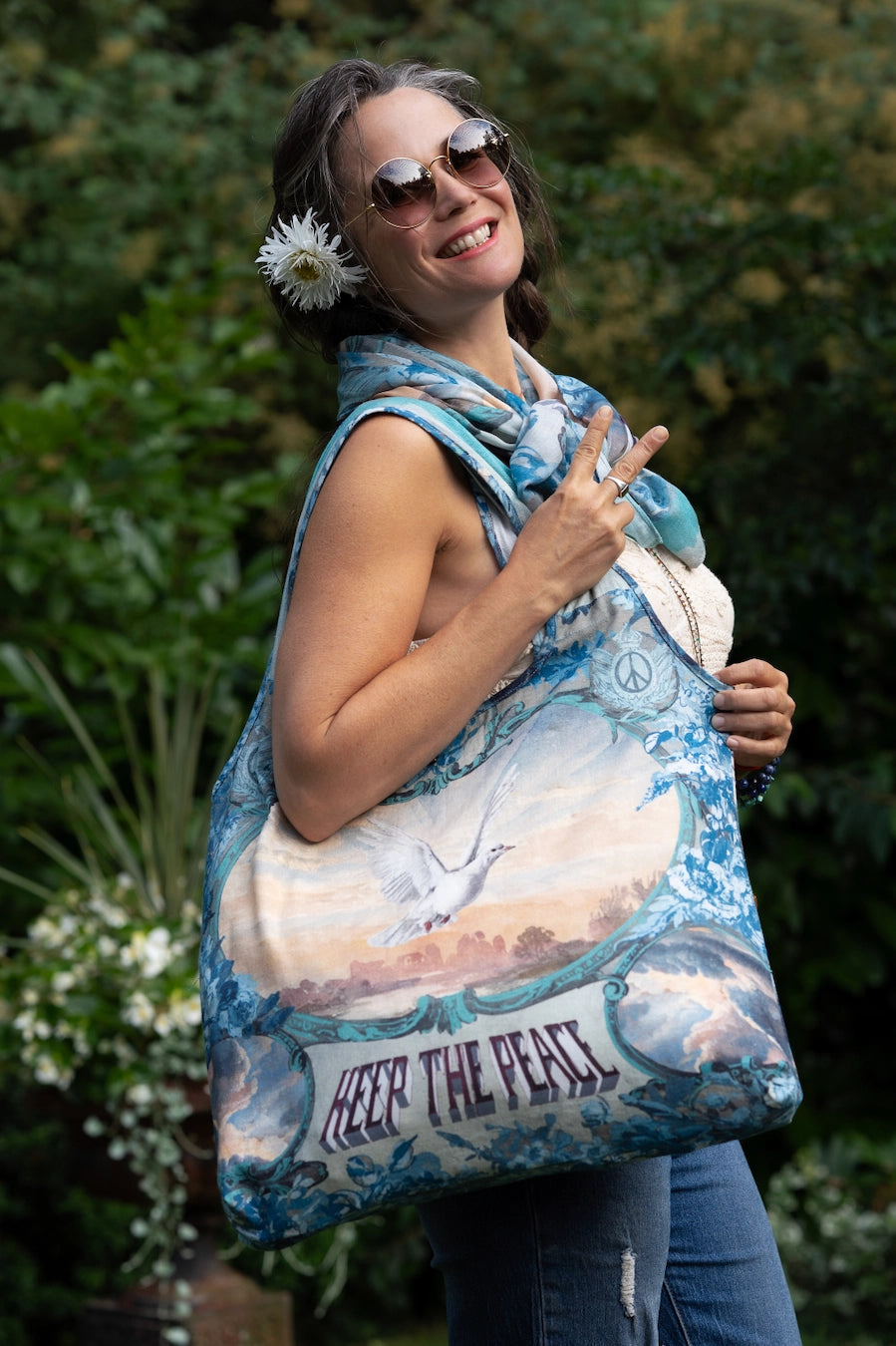 Peace Out Turquoise Linen Tote Bag with Doves and Sunrise - Preorder - Ships in April