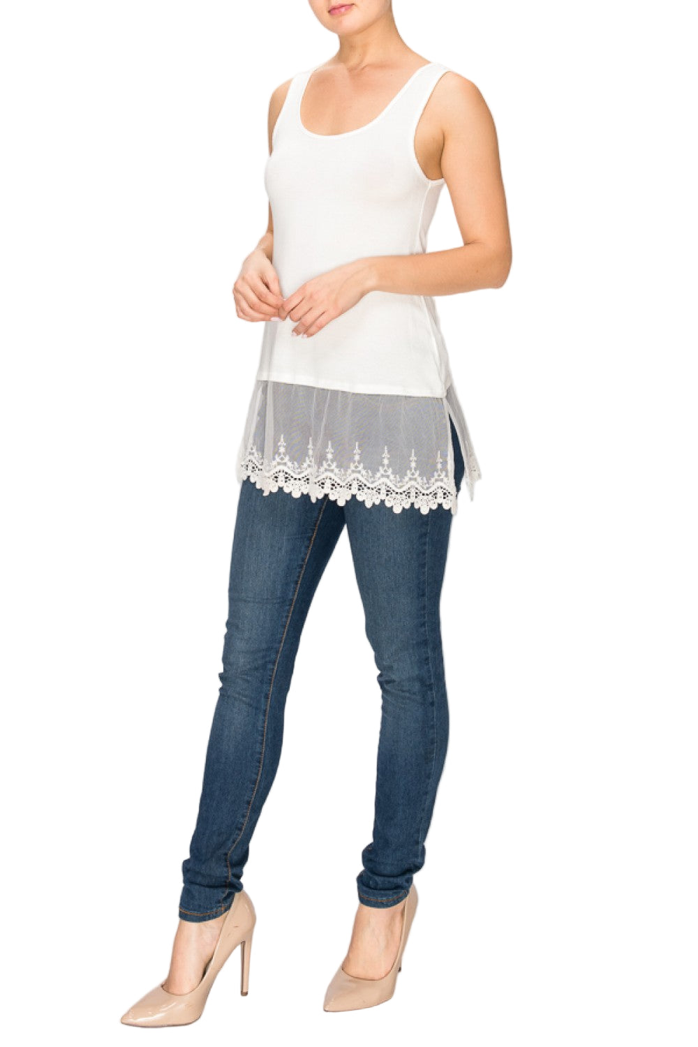 Soft Relaxed Tank with Delicate Floral Laced Hem - Ships Late September