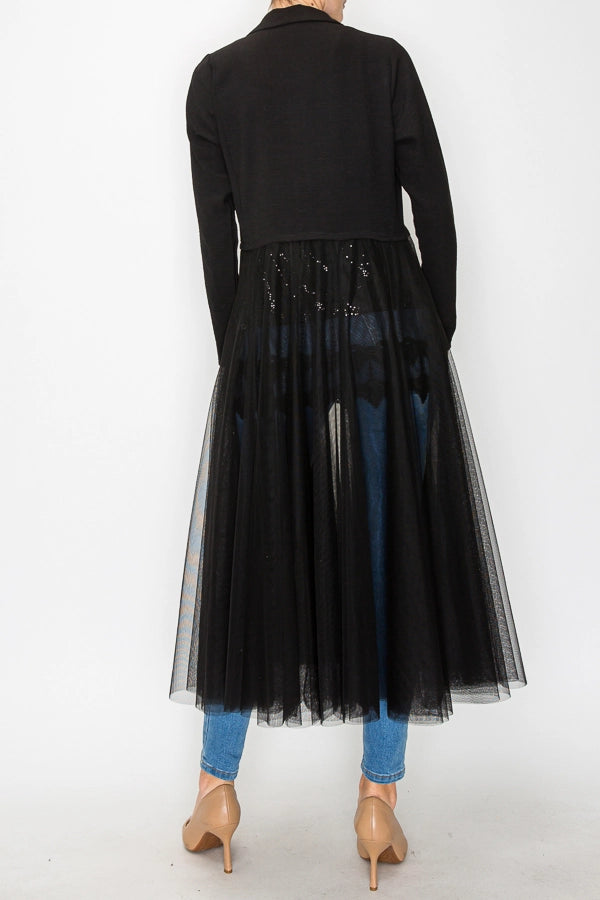 Black Contrast Longline Blazer Jacket with Mesh Tulle Panel - Ships Late September