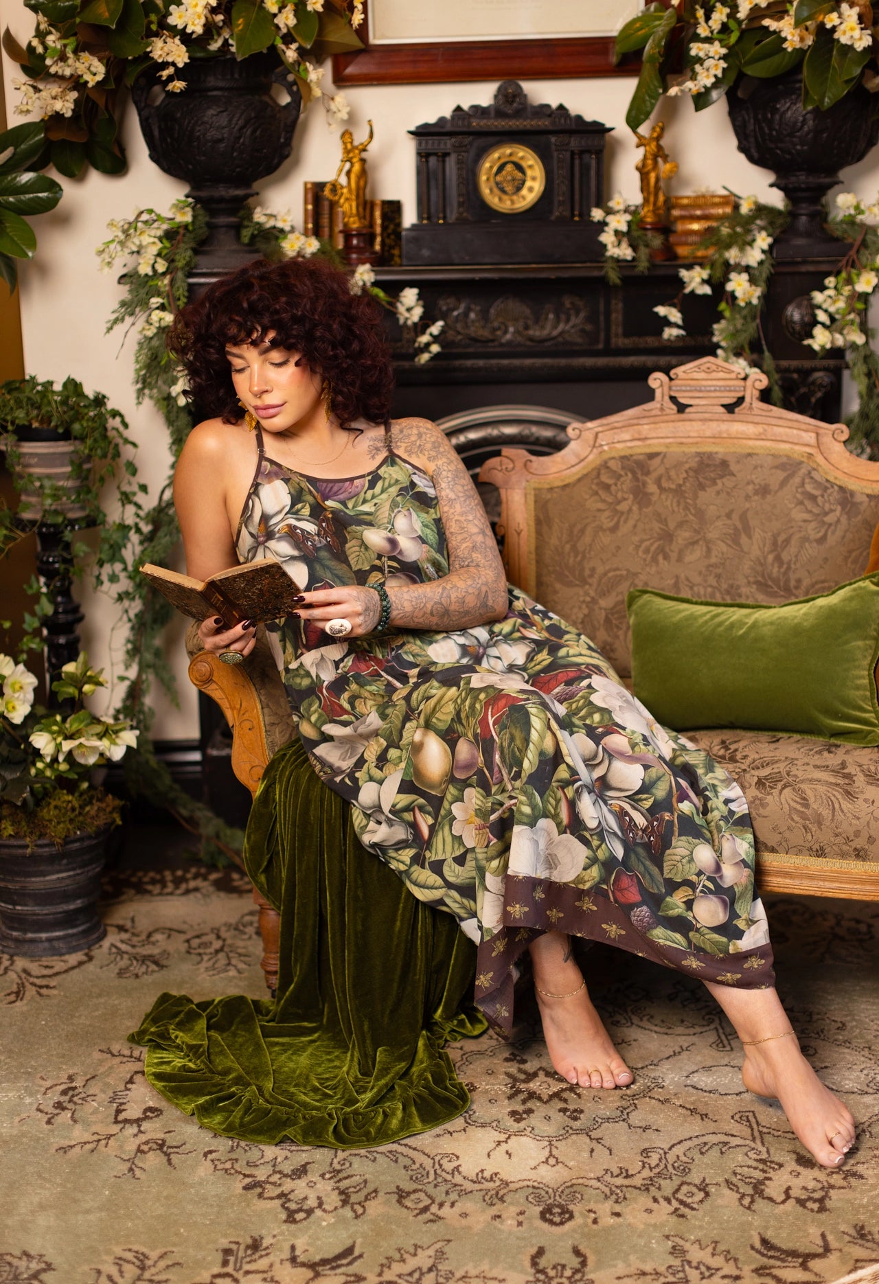 Fleur De Lune Bohéme Long Maxi Slip Dress w/ Florals & Bees Pre-Order Ships In September