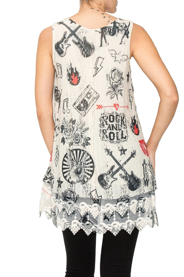 Rock And Roll Soft Relaxed Tank with Delicate Floral Laced Hem - Ships Late September