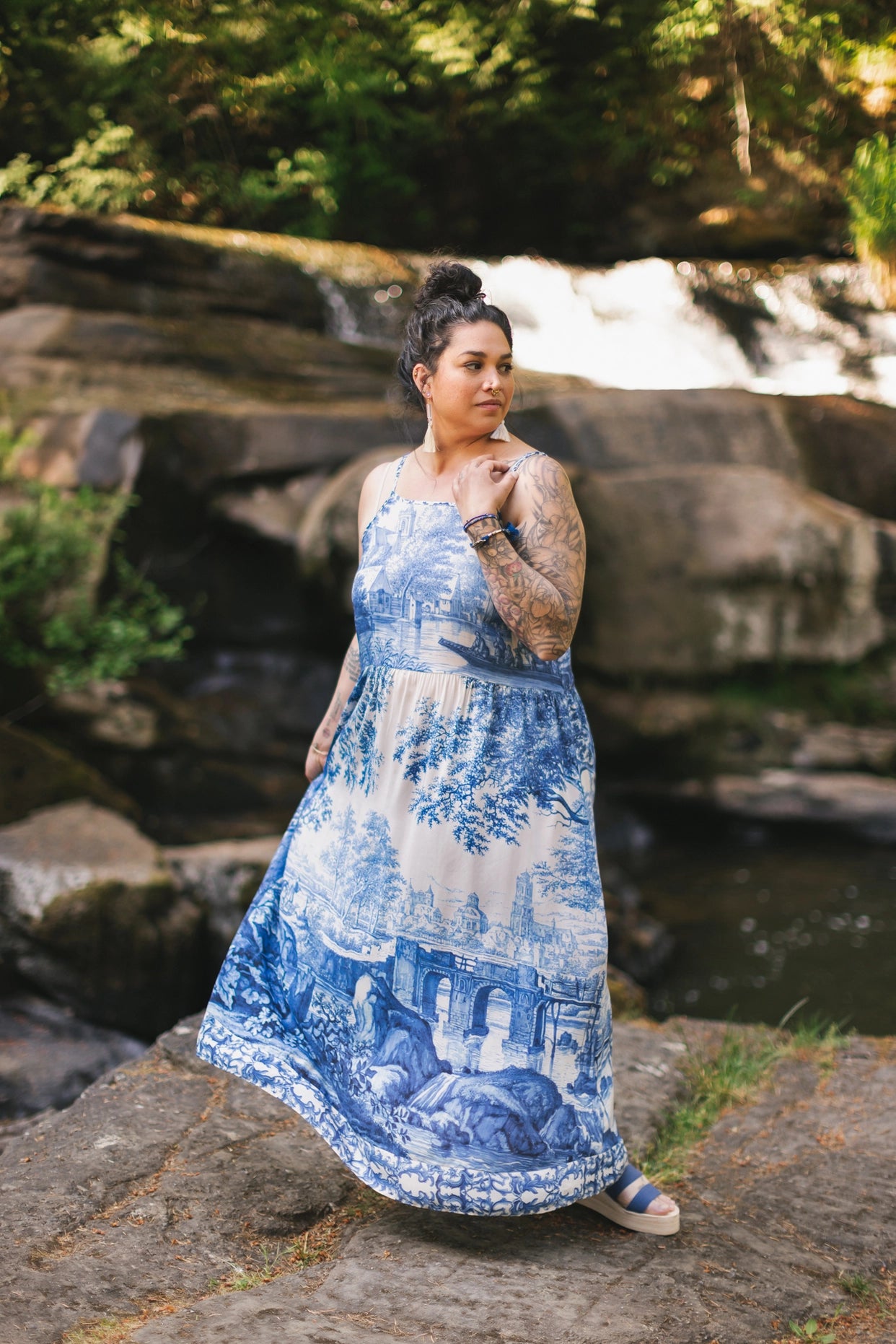 Let the Light in Bohéme Long Maxi Slip Dress With Delft Print Pre Order Ship October 2025