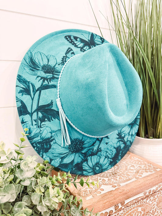 Poppy Butterfly Hat Burned Cowboy Hat, Floral Engraved Cowboy Hat, Burned Fedora, Engraved Suede Hat, Boho Hat, Vegan Suede Cowboy Hat, Women's Cowboy Hat