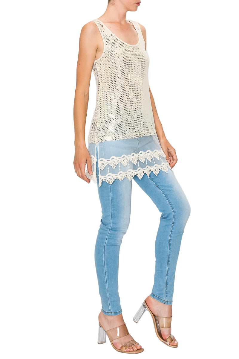 Sparkly Beige Sequins Tank Top with Lace Layer - Ships Late September