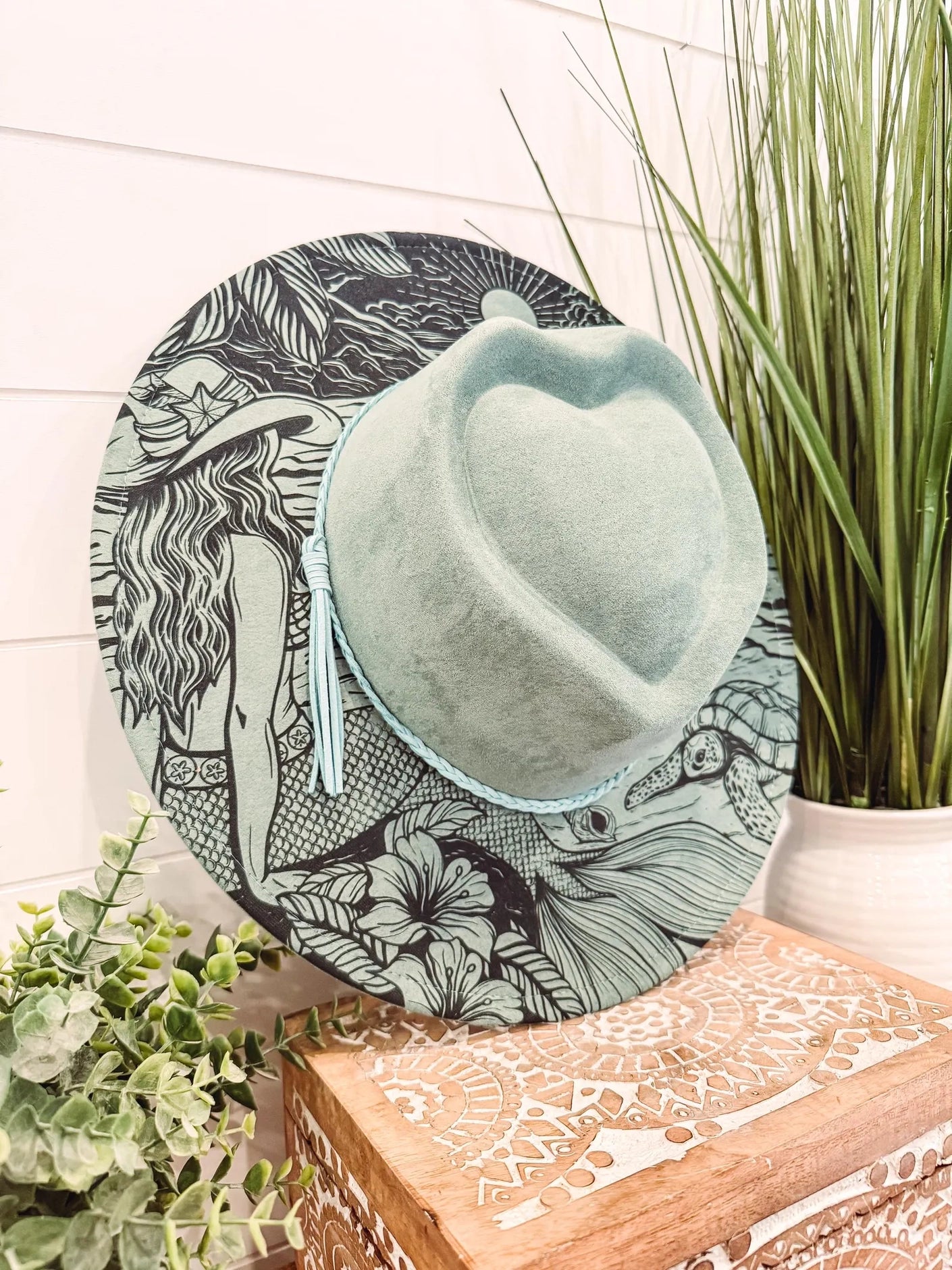 Mermaid Engraved Hat, Floral Engraved Cowboy Hat, Burned Fedora, Engraved Suede Hat, Boho Hat, Vegan Suede Cowboy Hat, Women's Cowboy Hat