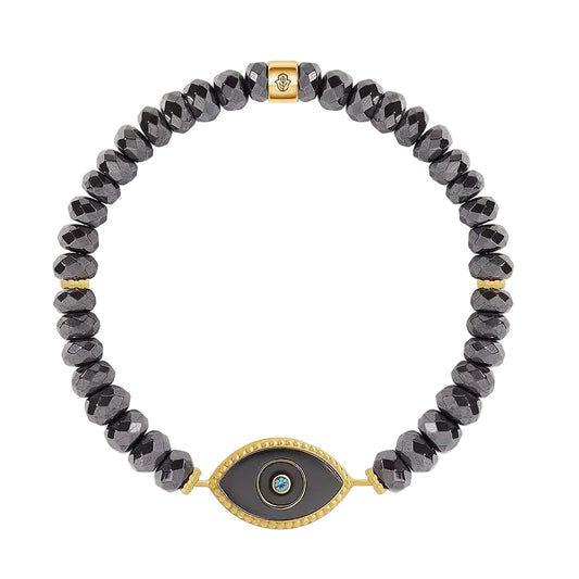 Karma and Luck Hematite Evil Eye Bracelet — charcoal black hematite beads with bold gold evil eye centerpiece and aquamarine stone, handcrafted stretch bracelet | Bliss by Cori