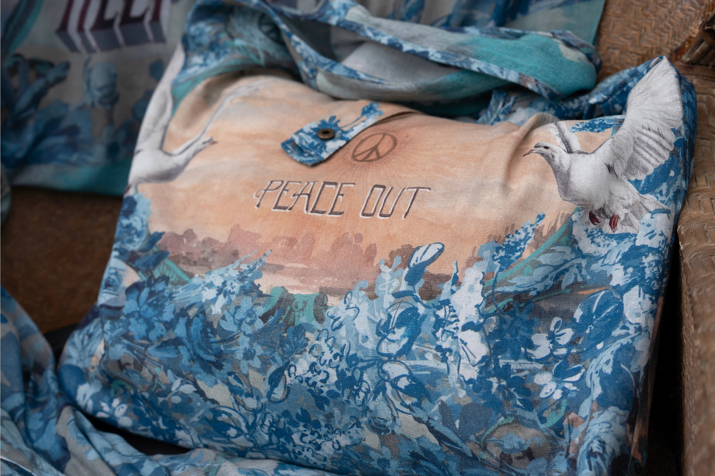 Peace Out Turquoise Linen Tote Bag with Doves and Sunrise - Preorder - Ships in April