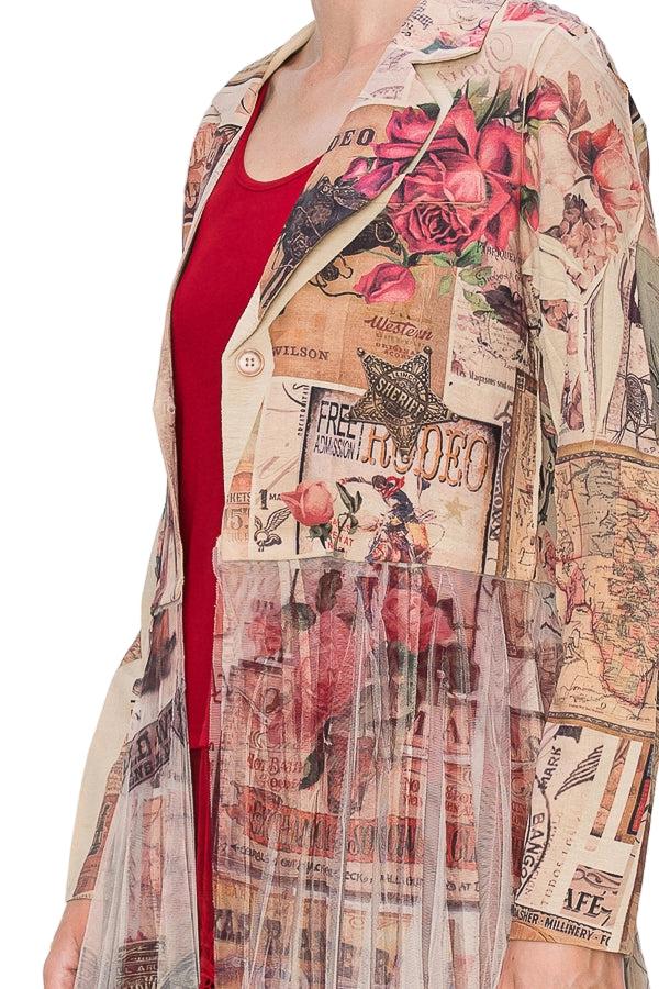 Rose West Chic Contrast Longline Blazer Jacket with Mesh Tulle Panel - Ships Late September