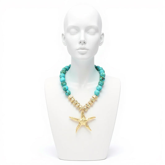 Chunky Beaded Starfish Pendant Statement Necklace