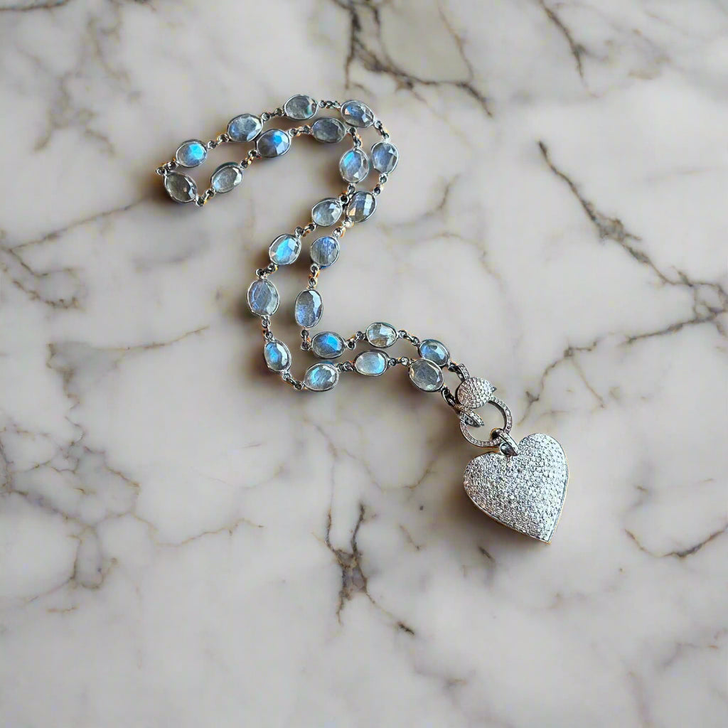 Natural Labradorite Diamond Heart Necklace