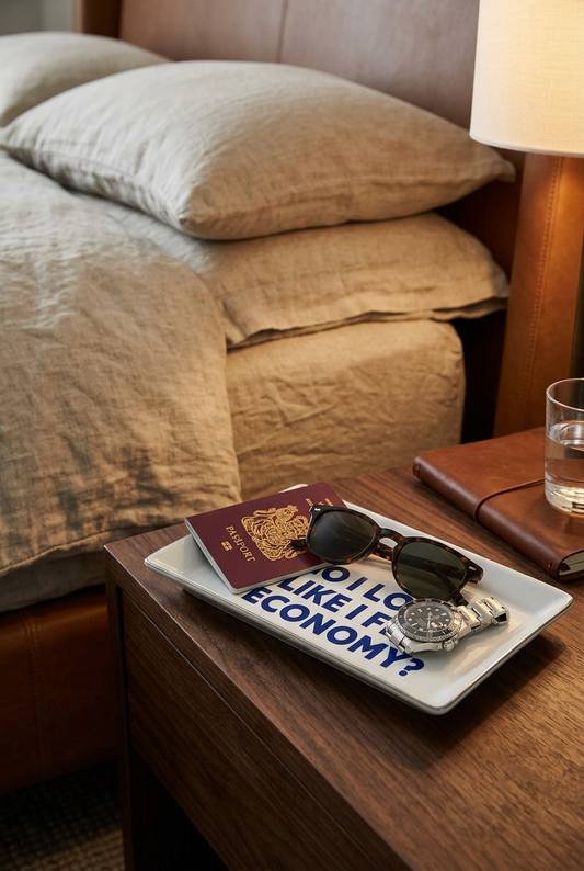 White Fly Economy ceramic tray holding a passport, sunglasses, and watch on a wooden bedside table beside linen bedding | Bliss by Cori