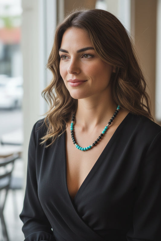 Kingman Turquoise & Black Tourmaline Gemstone Necklace