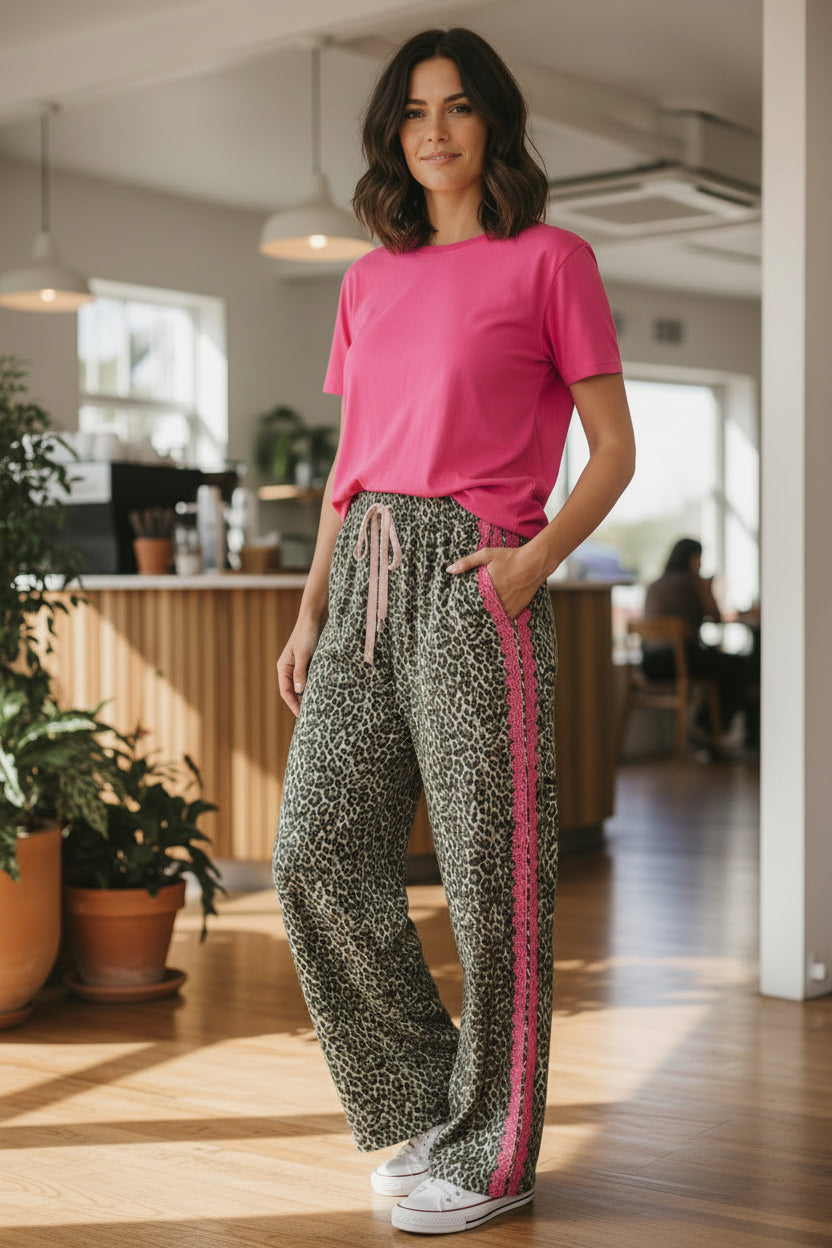 Leopard Contrast Lace Striped Detail Drawstring Pants - Pre Order March 2026